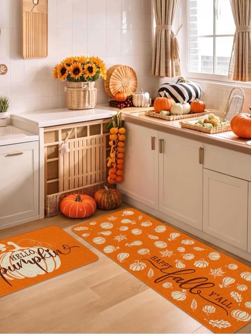 Autumn Harvest Orange Kitchen Runner and Mat Set - Fall Pumpkin Design